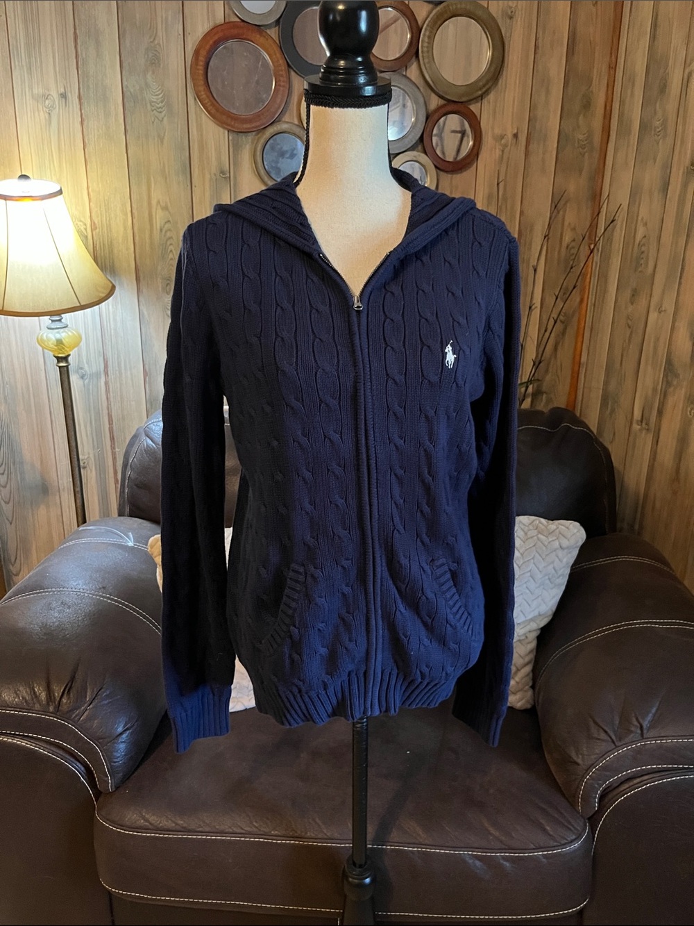 Polo Ralph Lauren Cable-Knit Cotton Full-Zip Hoodie Sweater Classic Navy Preppy - Picture 4 of 8